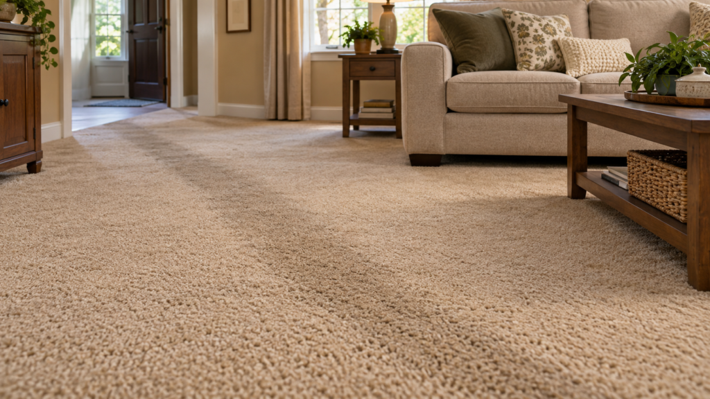Beige living room carpet with a darker walking path between the doorway and sofa.