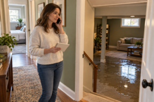 Woman calling for help from a dry hallway above a basement with water on the floor.