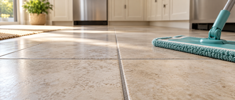 Teal microfiber mop beside beige kitchen floor tiles with gray grout lines.