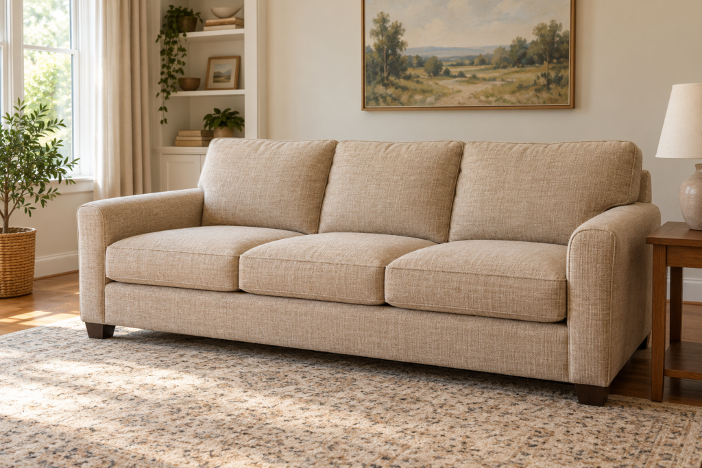 Beige fabric sofa with cushions in place and a clear floor area in front.