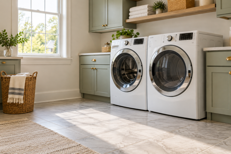 White dryer and washer in a laundry room with a clear tile floor and basket set aside.